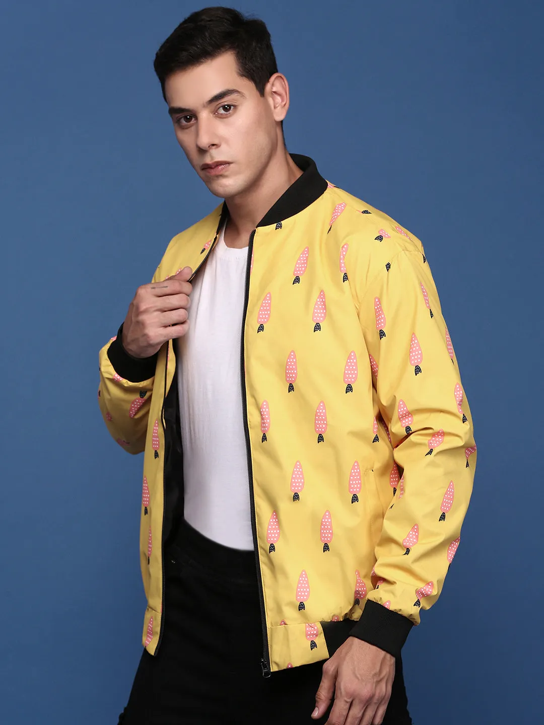 Men Printed Mustard Bomber Jacket