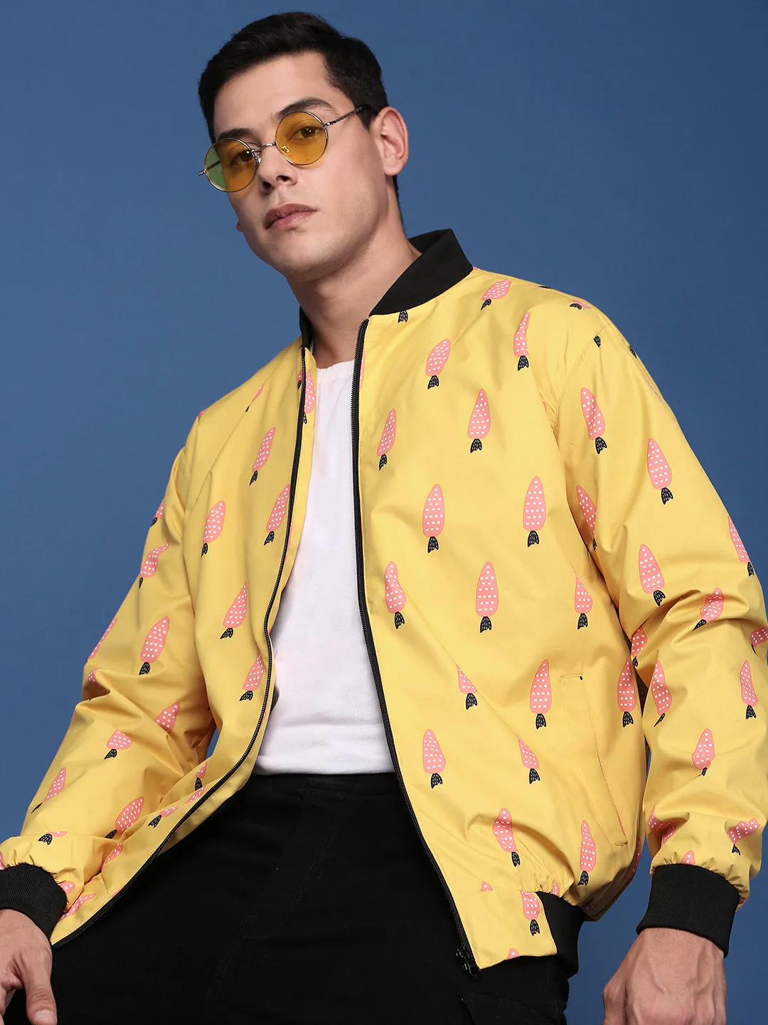 Men Printed Mustard Bomber Jacket