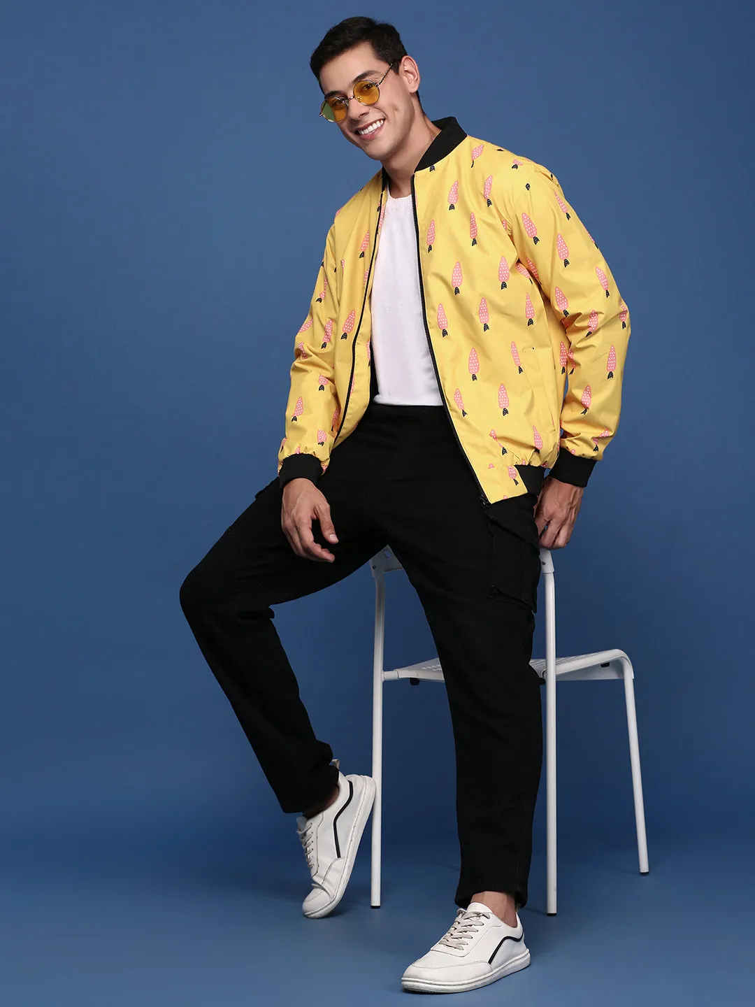 Men Printed Mustard Bomber Jacket