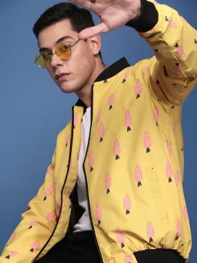 Men Printed Mustard Bomber Jacket