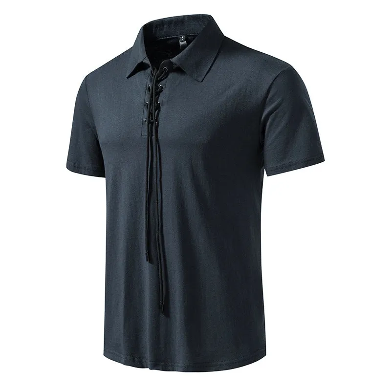 Men Turnover Collar Tied Straps Short Sleeves T-Shirt