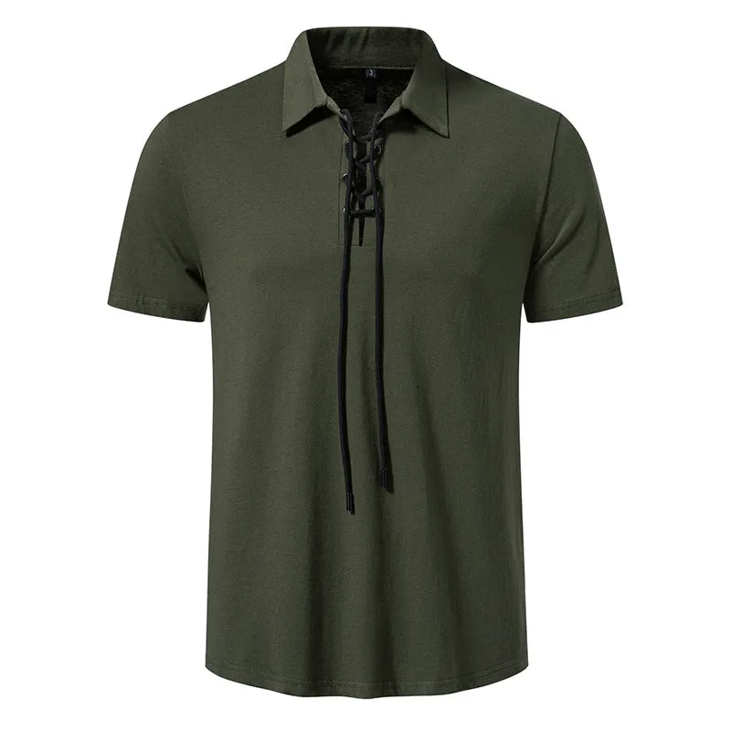 Men Turnover Collar Tied Straps Short Sleeves T-Shirt