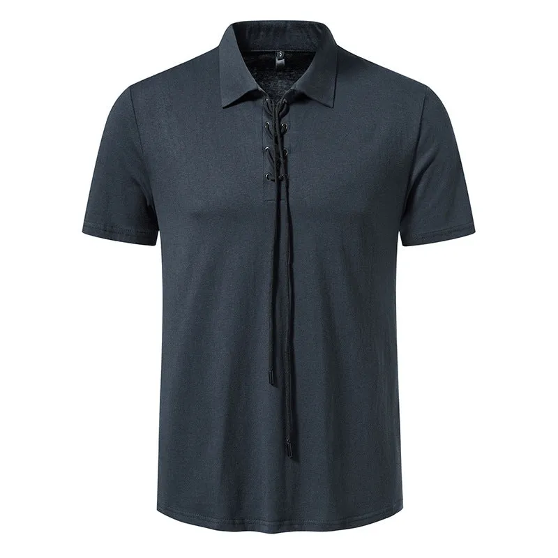 Men Turnover Collar Tied Straps Short Sleeves T-Shirt