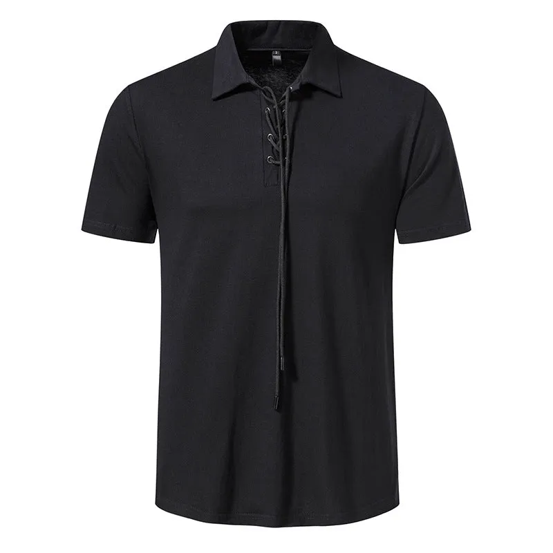 Men Turnover Collar Tied Straps Short Sleeves T-Shirt