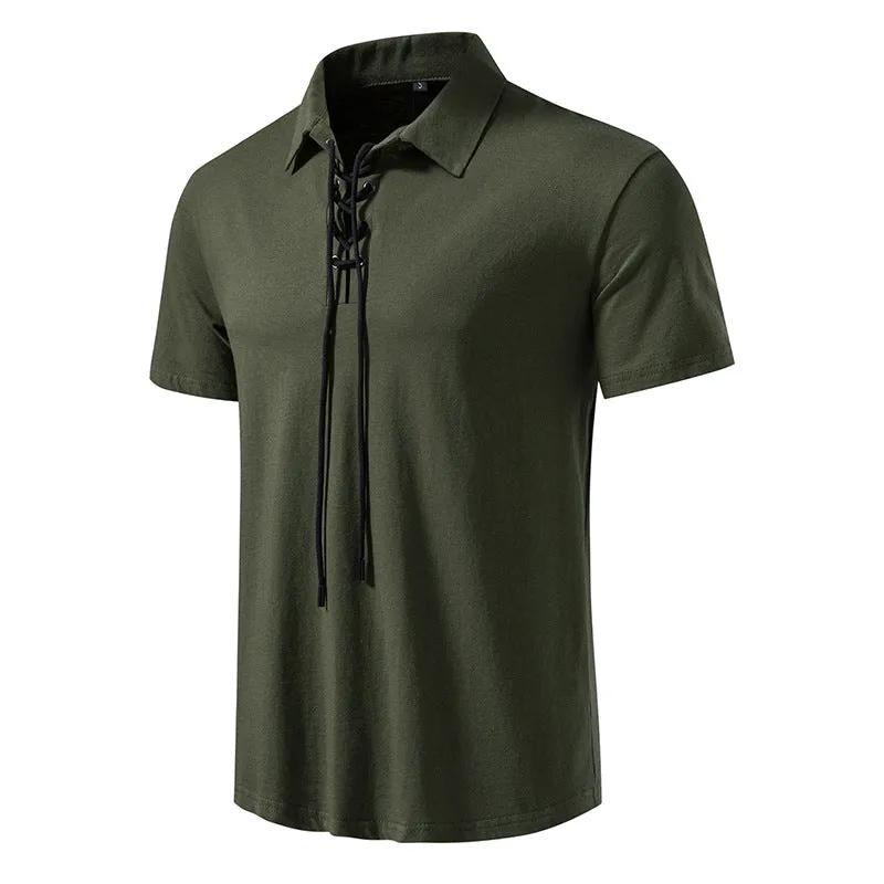 Men Turnover Collar Tied Straps Short Sleeves T-Shirt