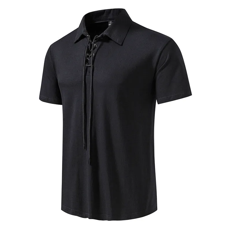 Men Turnover Collar Tied Straps Short Sleeves T-Shirt