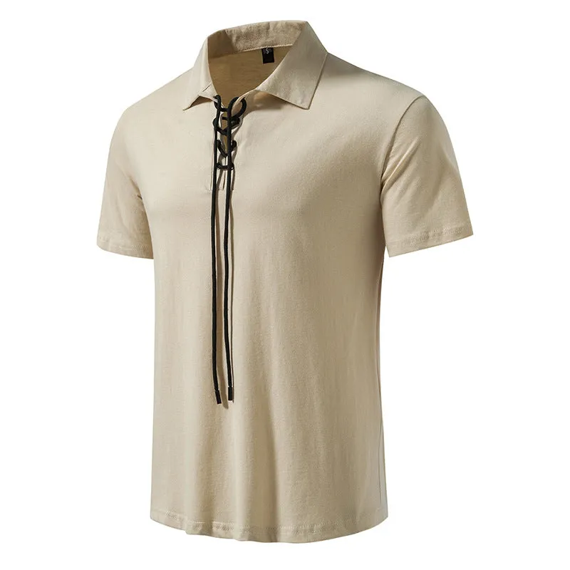 Men Turnover Collar Tied Straps Short Sleeves T-Shirt