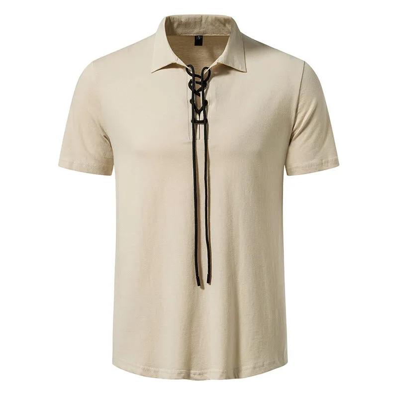 Men Turnover Collar Tied Straps Short Sleeves T-Shirt