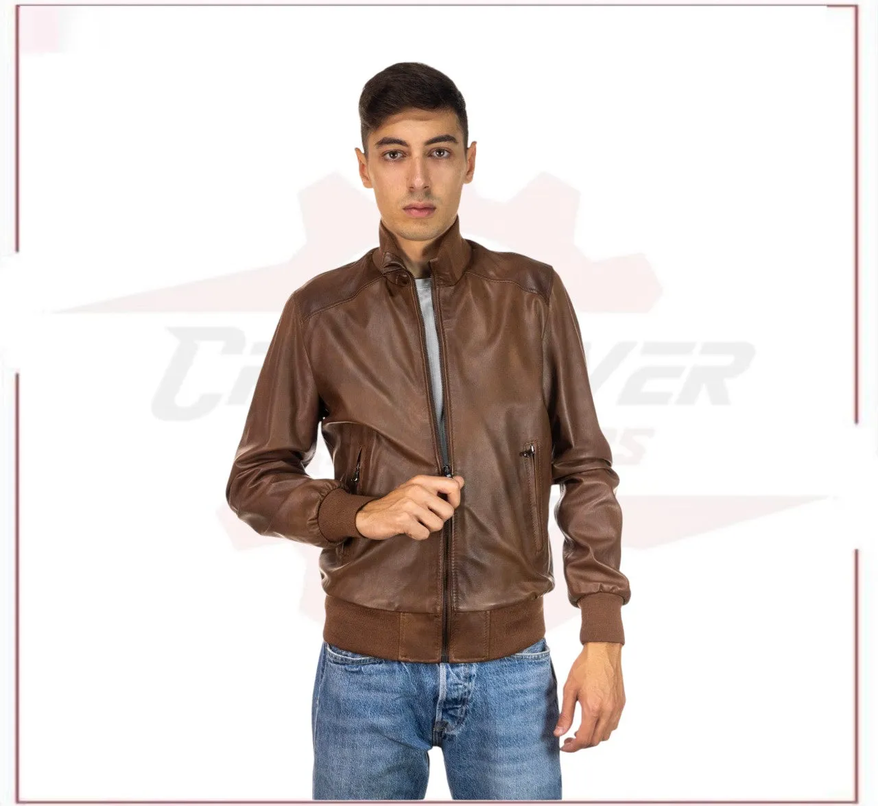 Men's Bomber - Men's Bomber Jacket in Genuine Brown Leather