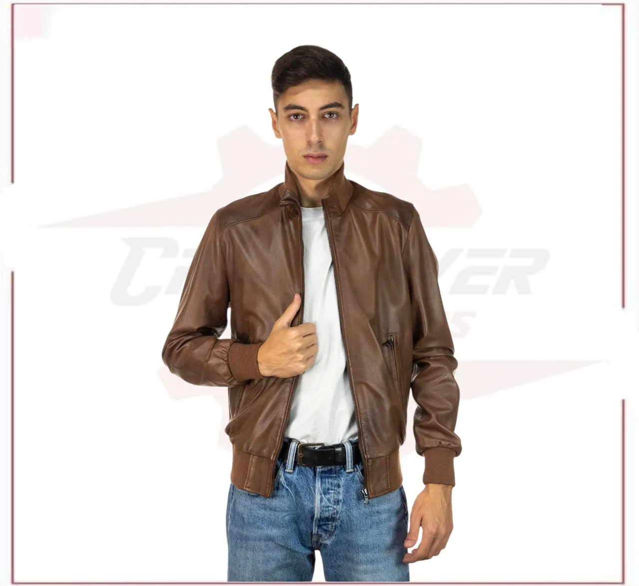 Men's Bomber - Men's Bomber Jacket in Genuine Brown Leather