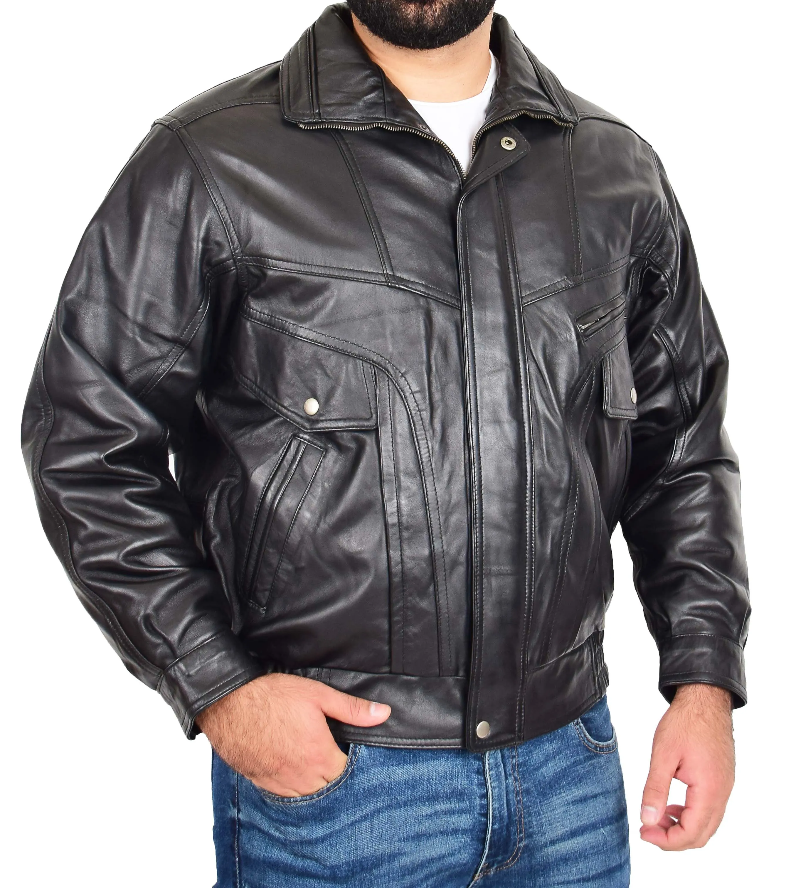 Mens Real Black Leather Blouson Jacket Classic Bomber Peter