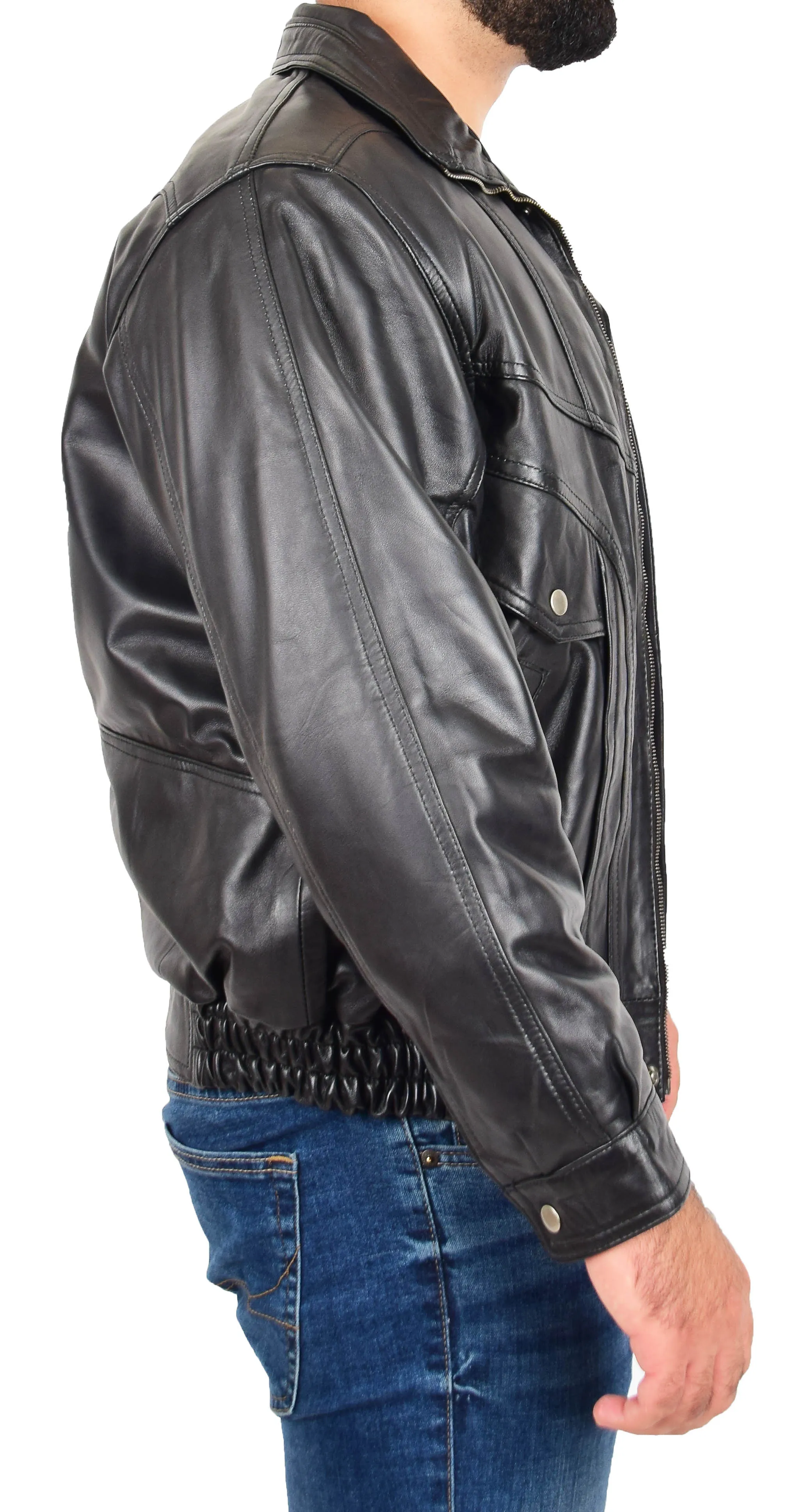 Mens Real Black Leather Blouson Jacket Classic Bomber Peter