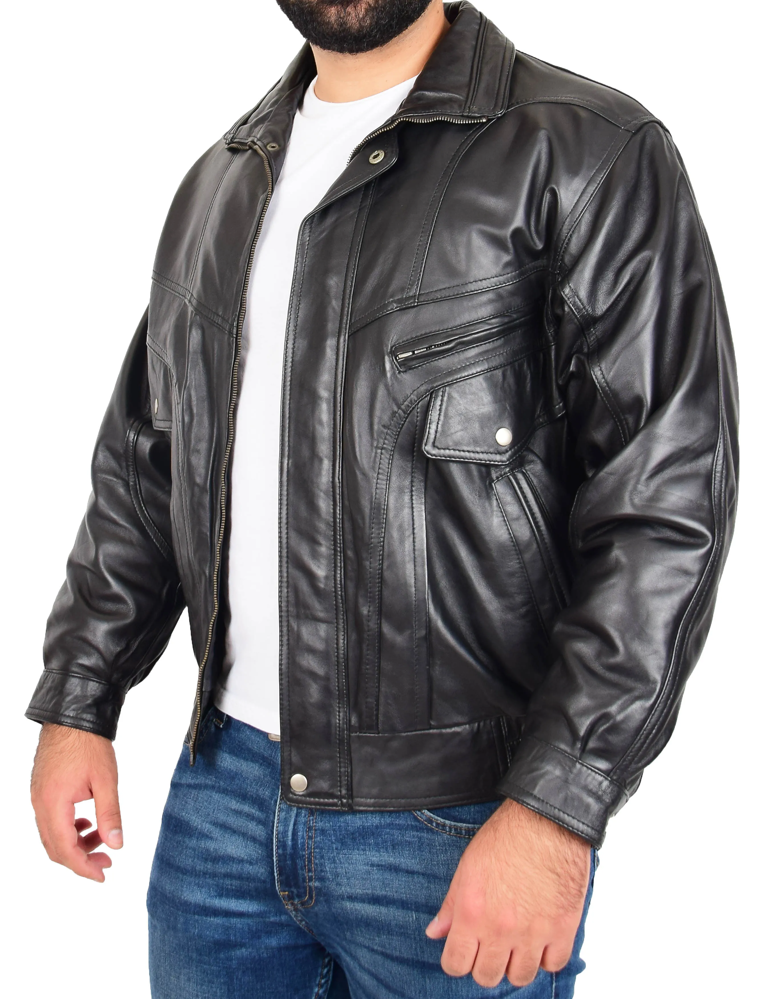 Mens Real Black Leather Blouson Jacket Classic Bomber Peter