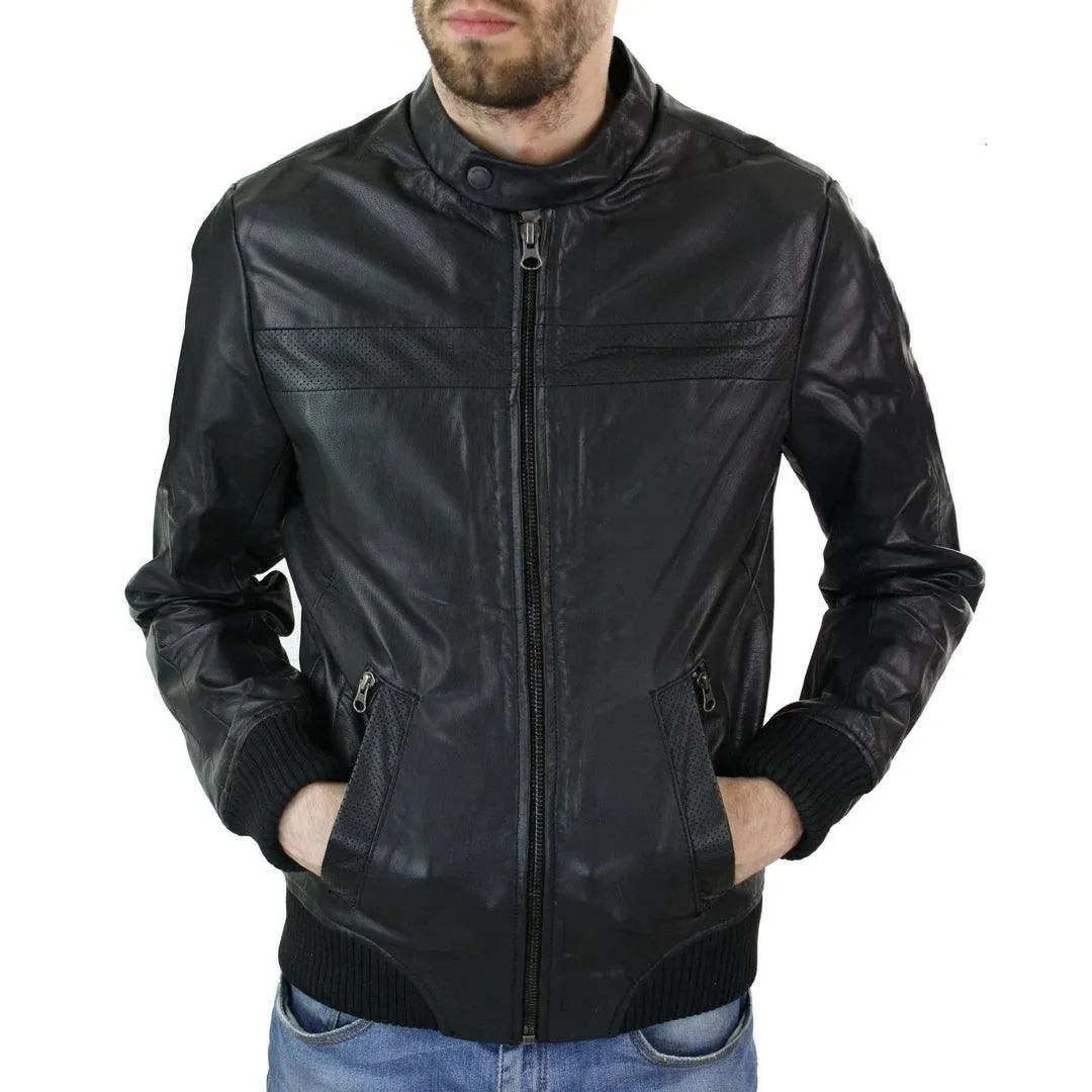 Mens Slim Fit Black Retro Smart Casual Real Leather Bomber Jacket Collarless