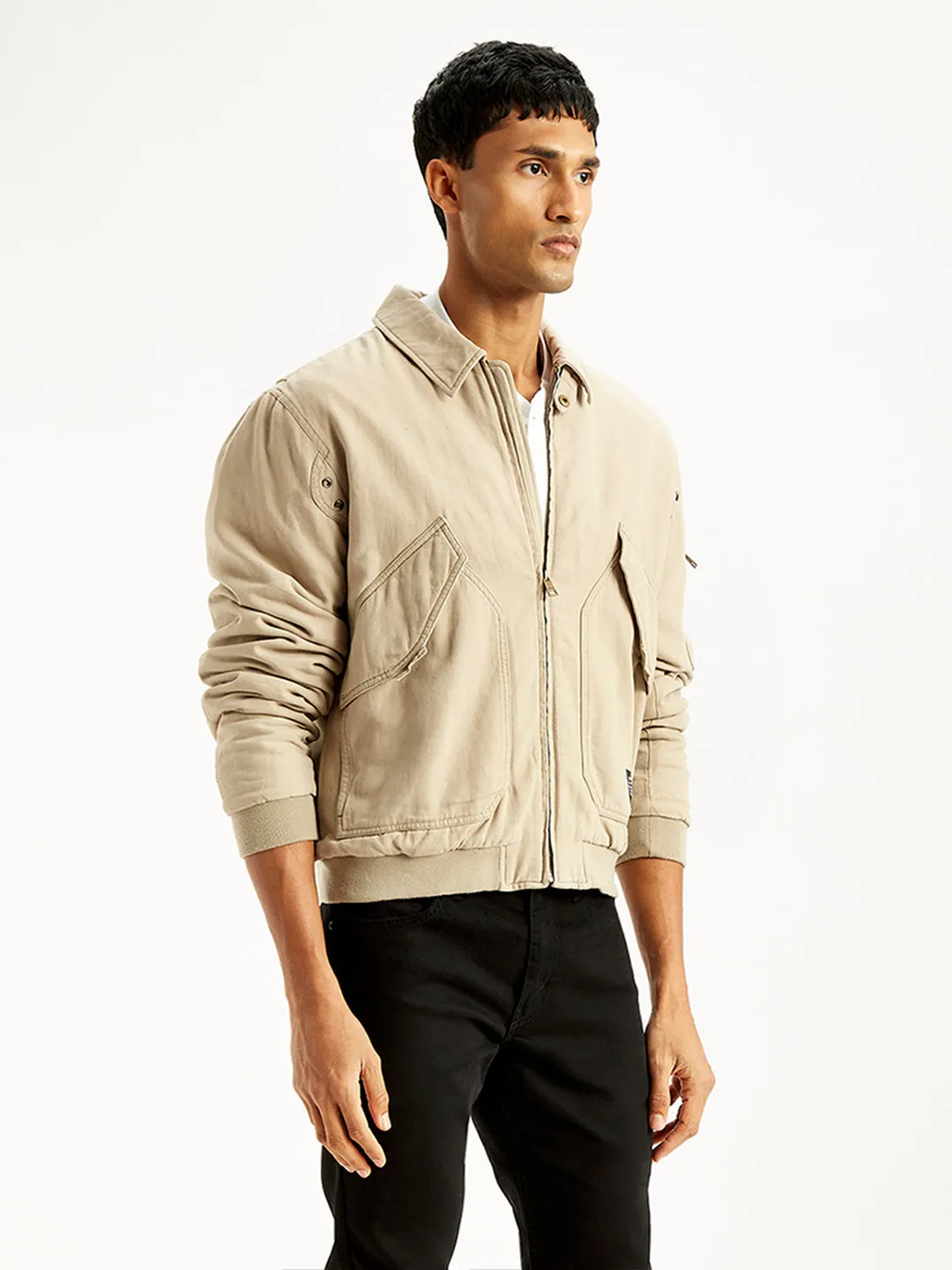 Men's Solid Beige Spread Collar Bomber Jacket