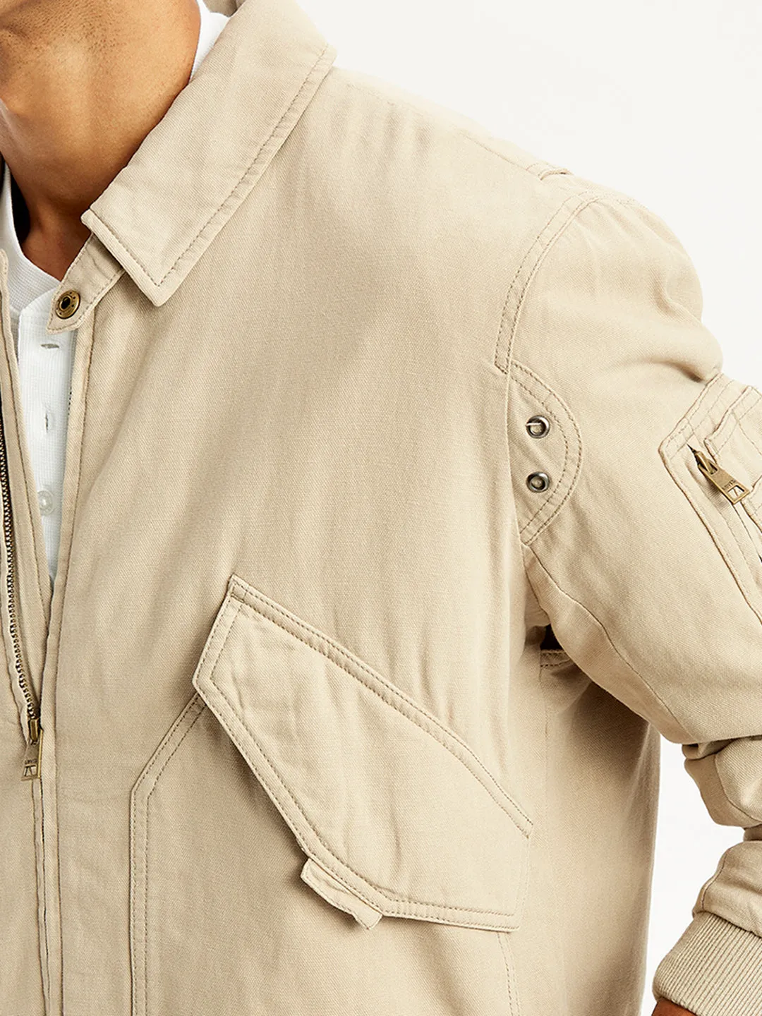 Men's Solid Beige Spread Collar Bomber Jacket