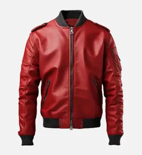 Men's Stylish Red Bomber Leather Jacket