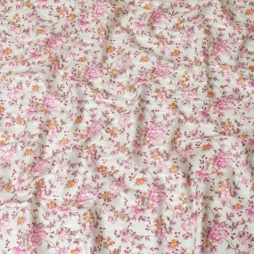 Mint green cotton satin fabric with pink, peach and brown print in floral design-D15287