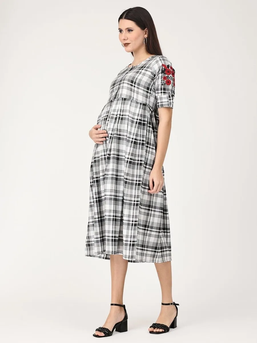 Monochrome Checkered Maternity and Nursing Dress with Embroidery