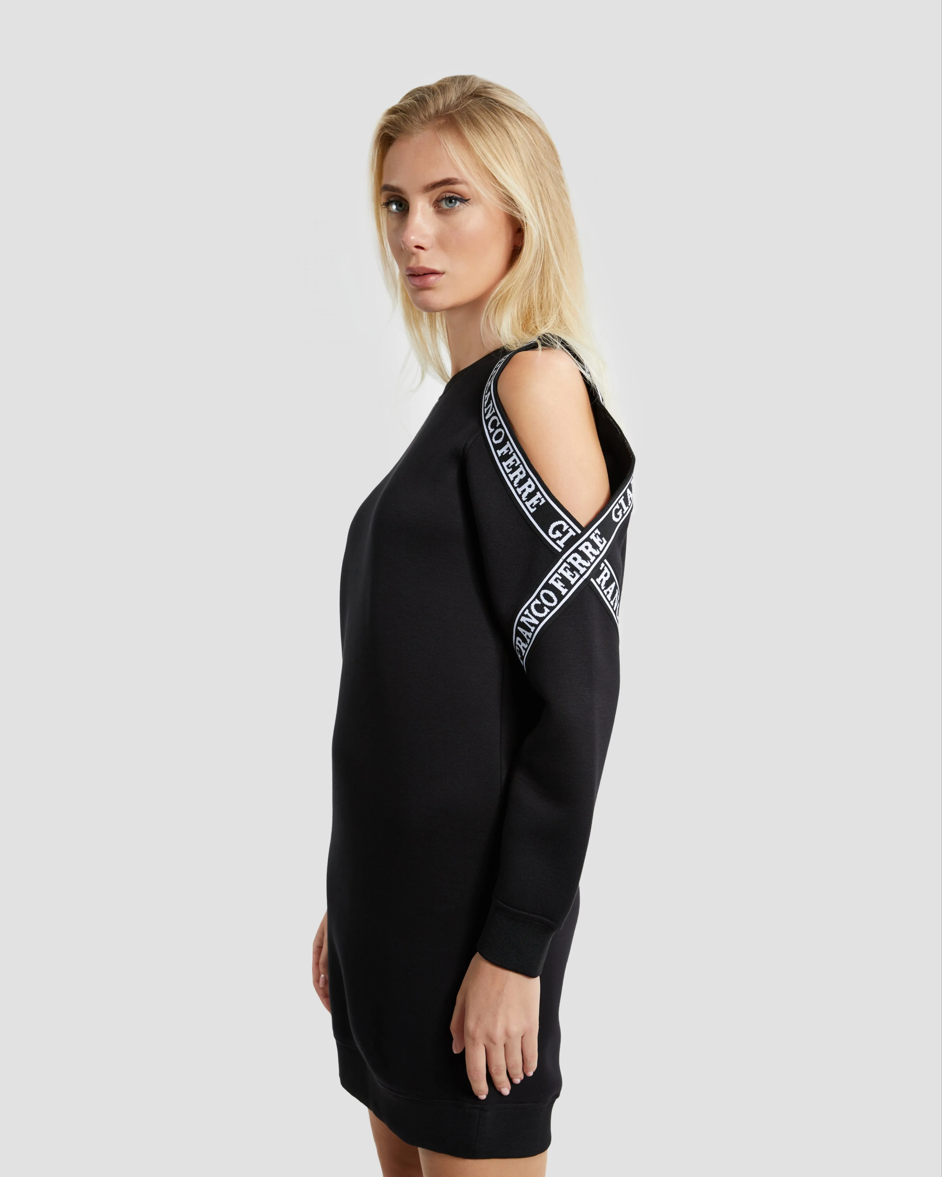 Monochrome Tapered Cold-Shoulder Dress