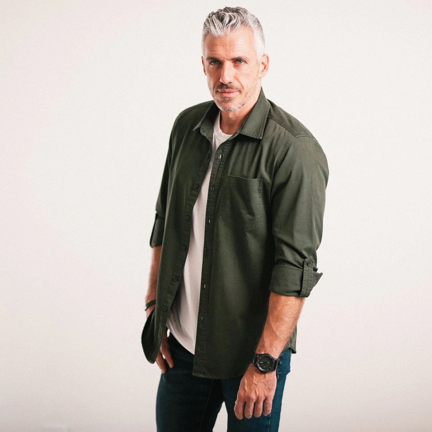 Myers Casual Shirt – Olive Green Cotton Stretch Twill