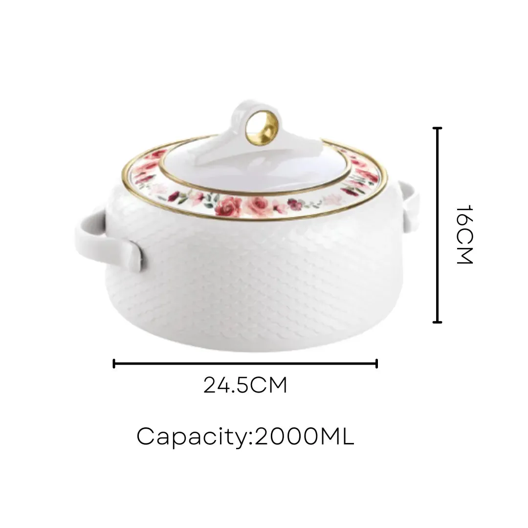 Nayasa White Casserole - 2000ml Stainless Steel with Elegant Floral Lid