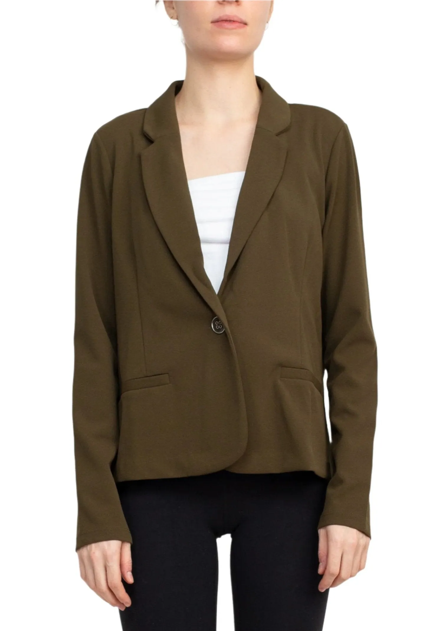 Nina Leonard Collar Neck One Button Long Sleeve Crepe Blazer