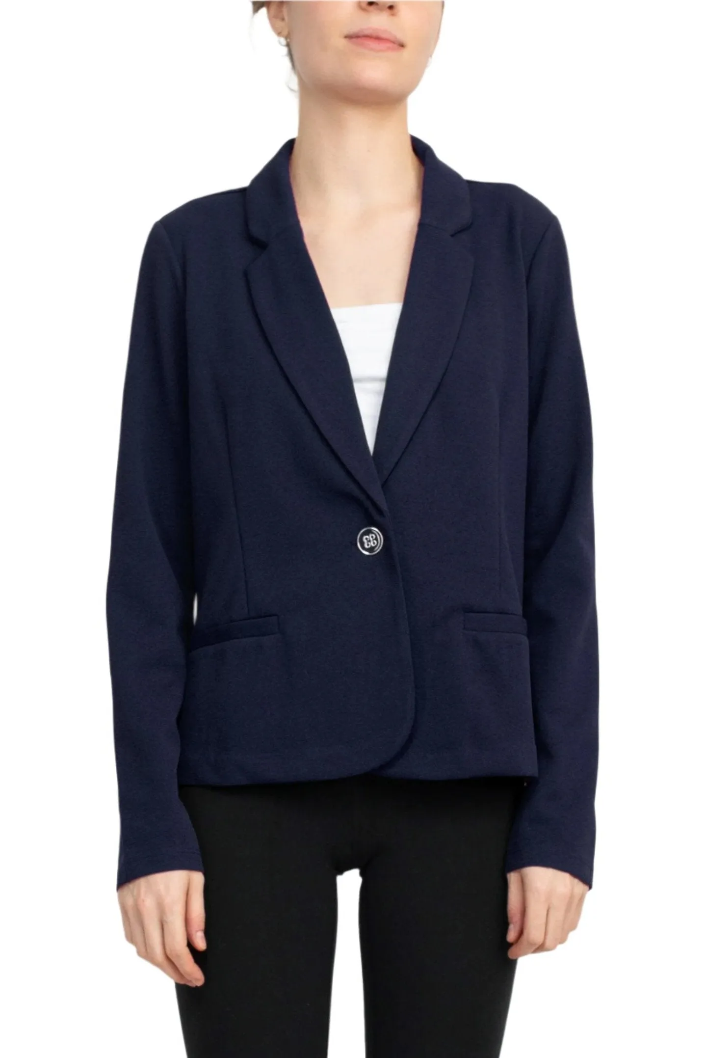 Nina Leonard Collar Neck One Button Long Sleeve Crepe Blazer