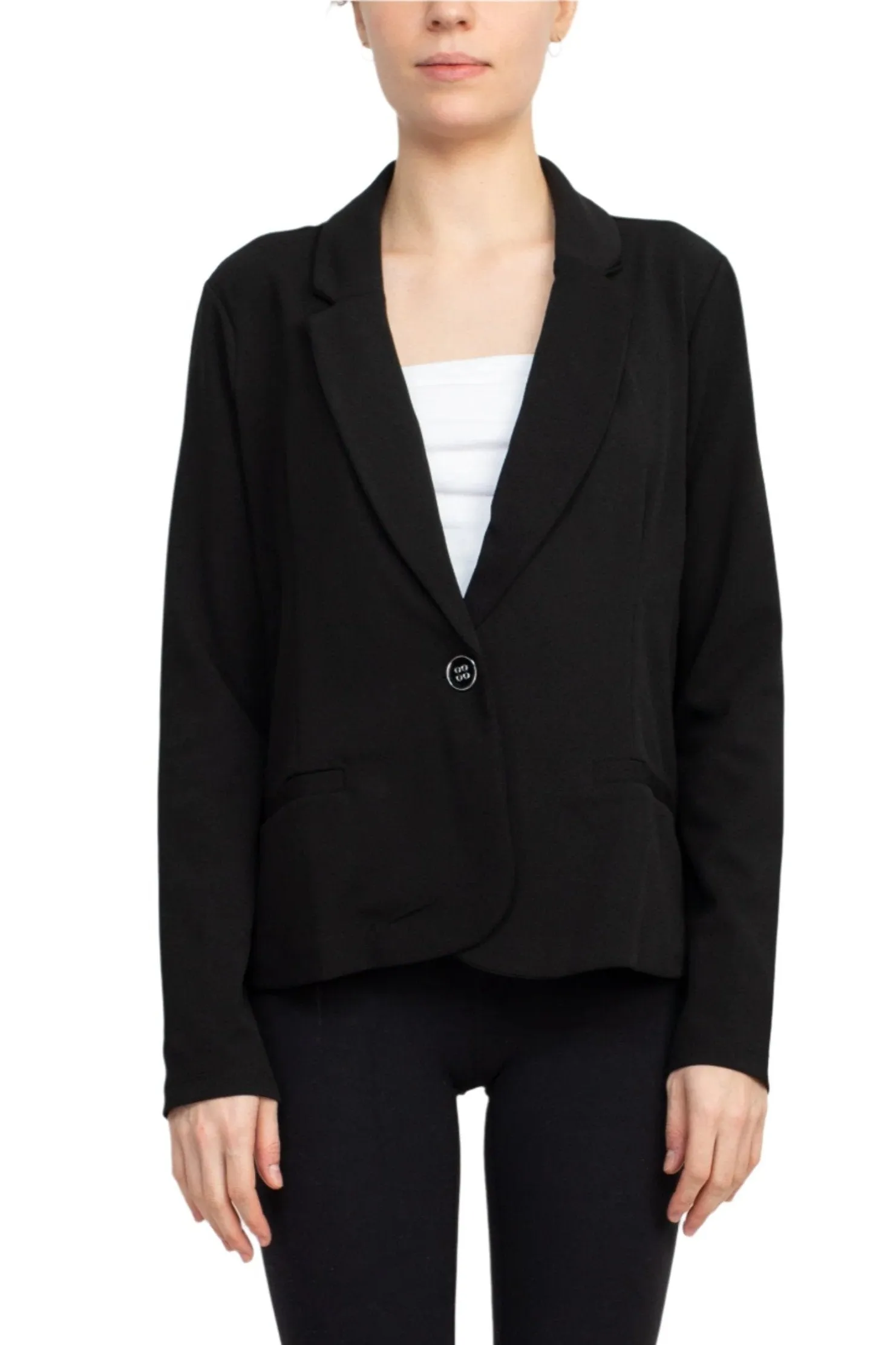 Nina Leonard Collar Neck One Button Long Sleeve Crepe Blazer