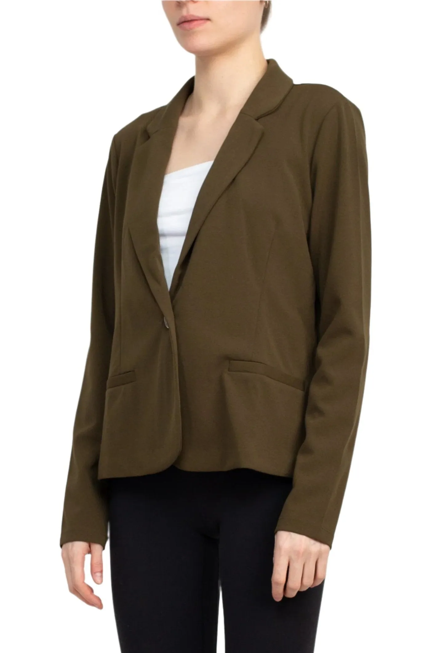 Nina Leonard Collar Neck One Button Long Sleeve Crepe Blazer