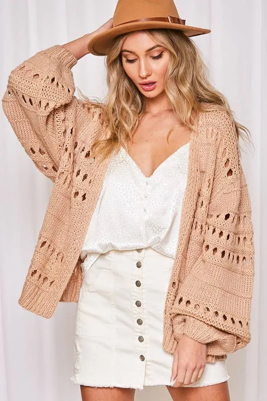 Open knit balloon sleeves sweater cardigan (Natural / Taupe)