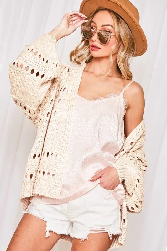 Open knit balloon sleeves sweater cardigan (Natural / Taupe)