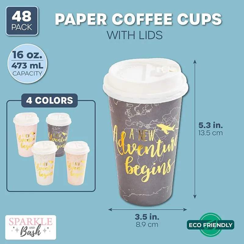 Paper Insulated Coffee Cups with Lids, Map Adventure Design (48 Pack)