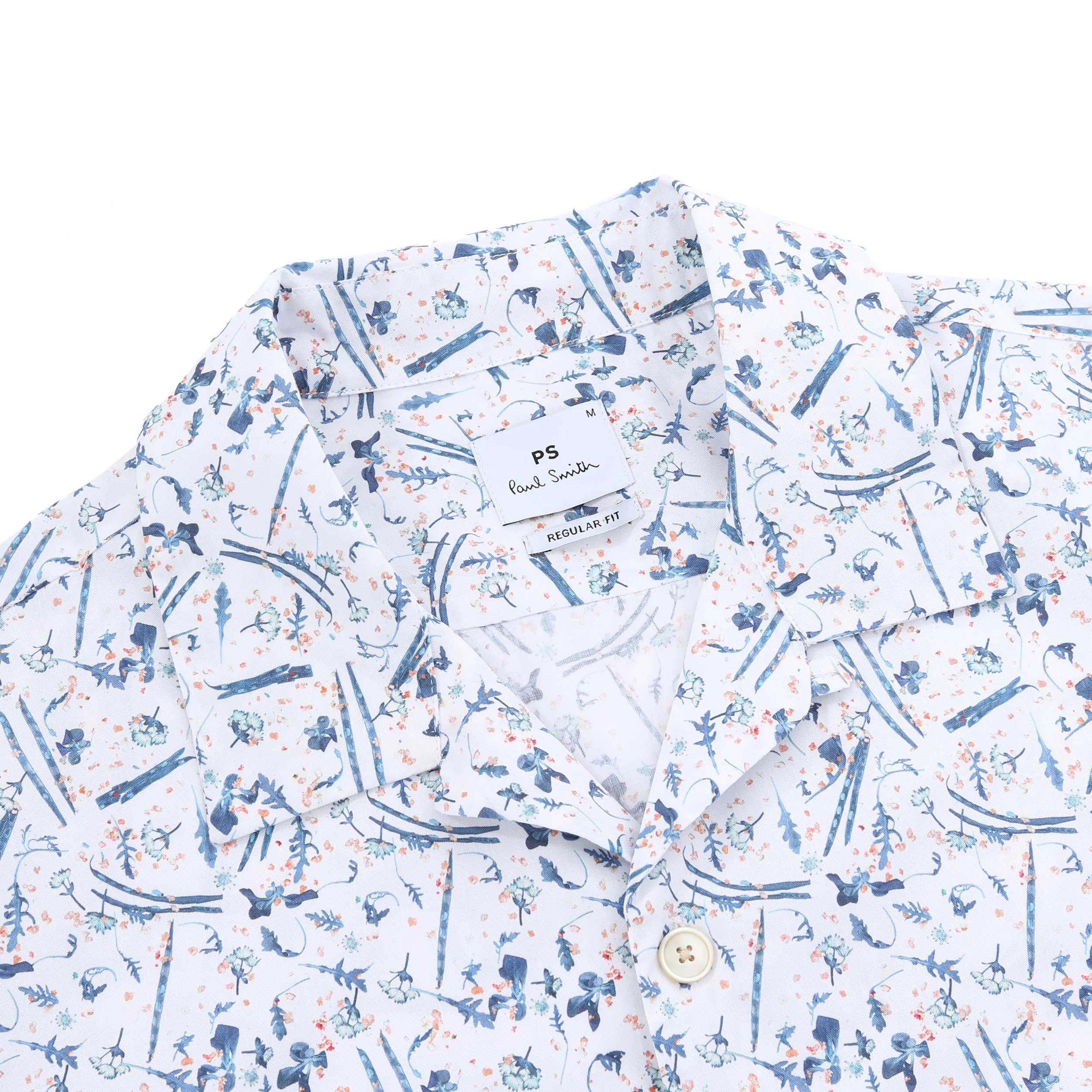 Paul Smith Blue Floral Print Reg Fit SS Shirt in White