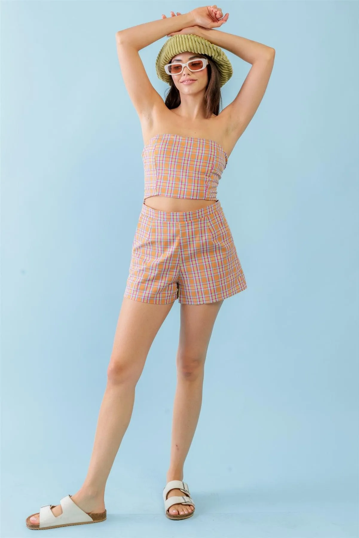 Plaid Print Strapless Crop Top & High Waist Two Pocket Shorts Set