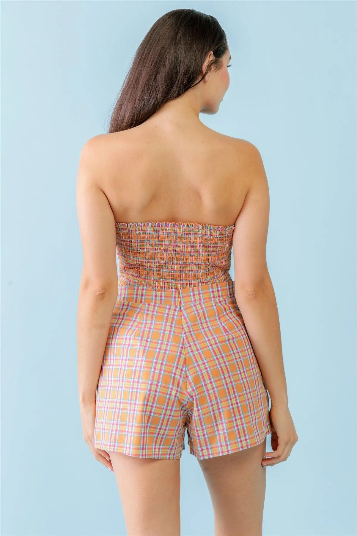 Plaid Print Strapless Crop Top & High Waist Two Pocket Shorts Set