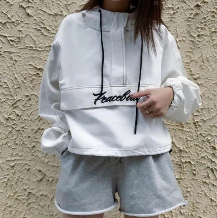 Pocket Letter Printing Hooded Cropped Bomber Jacket