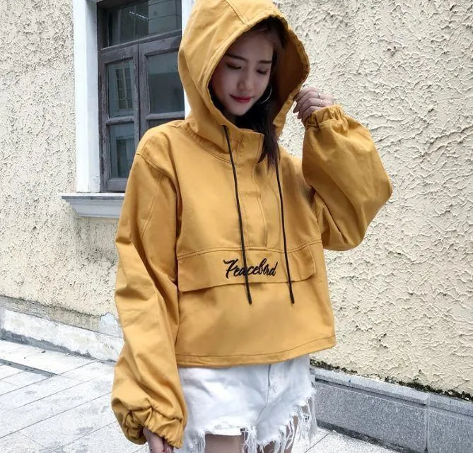 Pocket Letter Printing Hooded Cropped Bomber Jacket