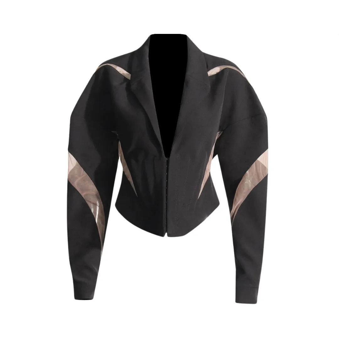 Pre Order:  Mesh Splicing Curved Hem Long Sleeve Blazer