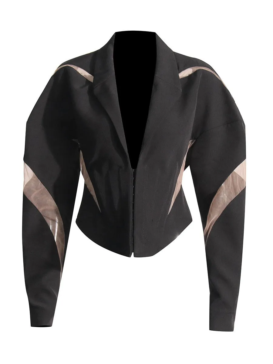 Pre Order:  Mesh Splicing Curved Hem Long Sleeve Blazer