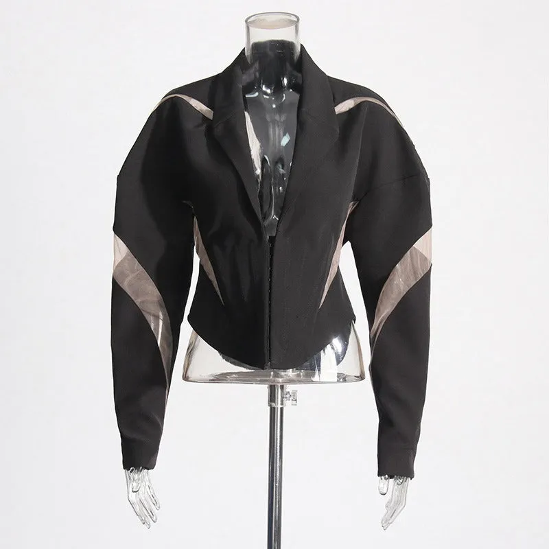 Pre Order:  Mesh Splicing Curved Hem Long Sleeve Blazer