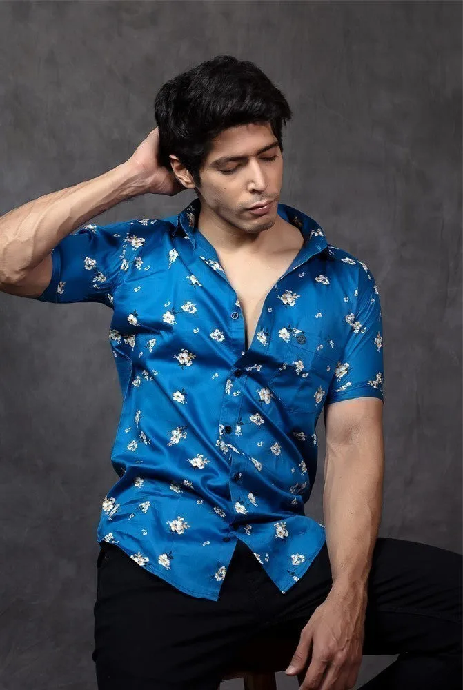 Printed Half Sleeve Shirt - Men Cotton Casual Blue Printed Shirt