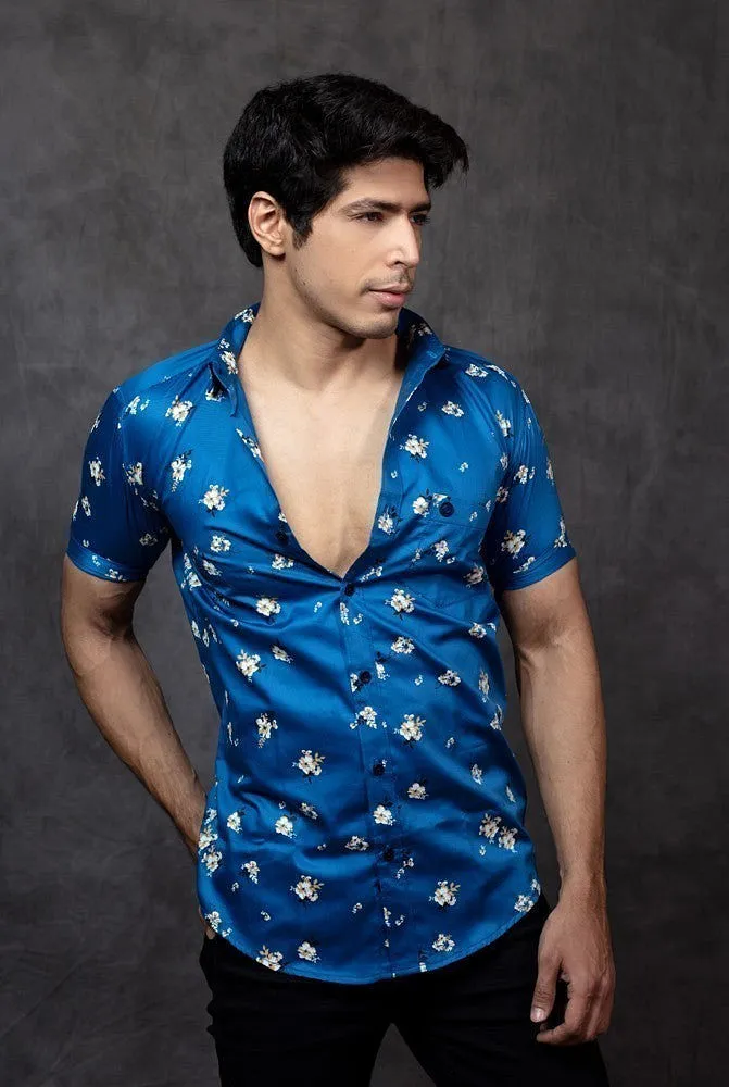 Printed Half Sleeve Shirt - Men Cotton Casual Blue Printed Shirt