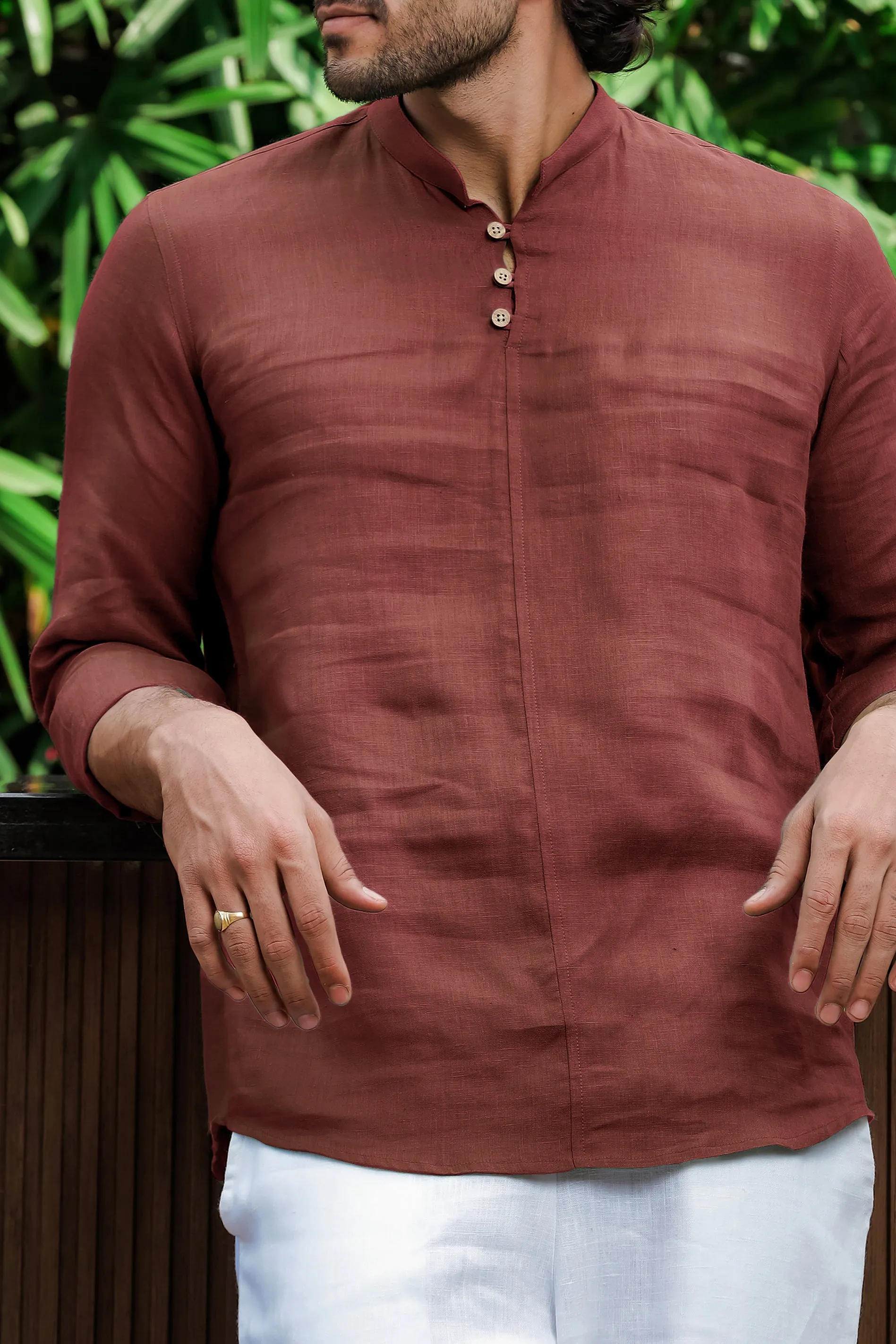 Quinn Half Placket Pure Linen Full Sleeve Shirt - Terracotta Red