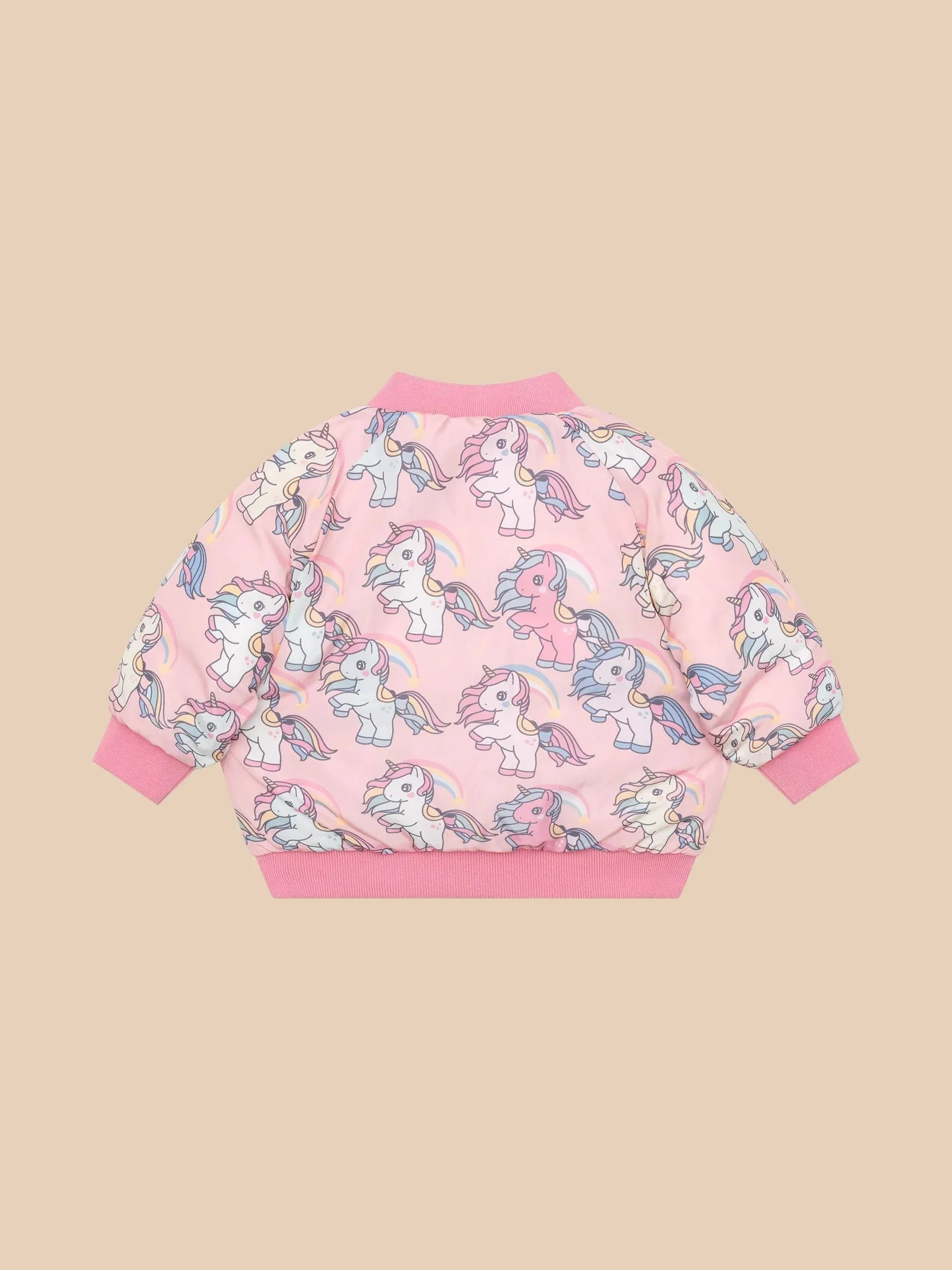 Rainbow unicorn reversible bomber