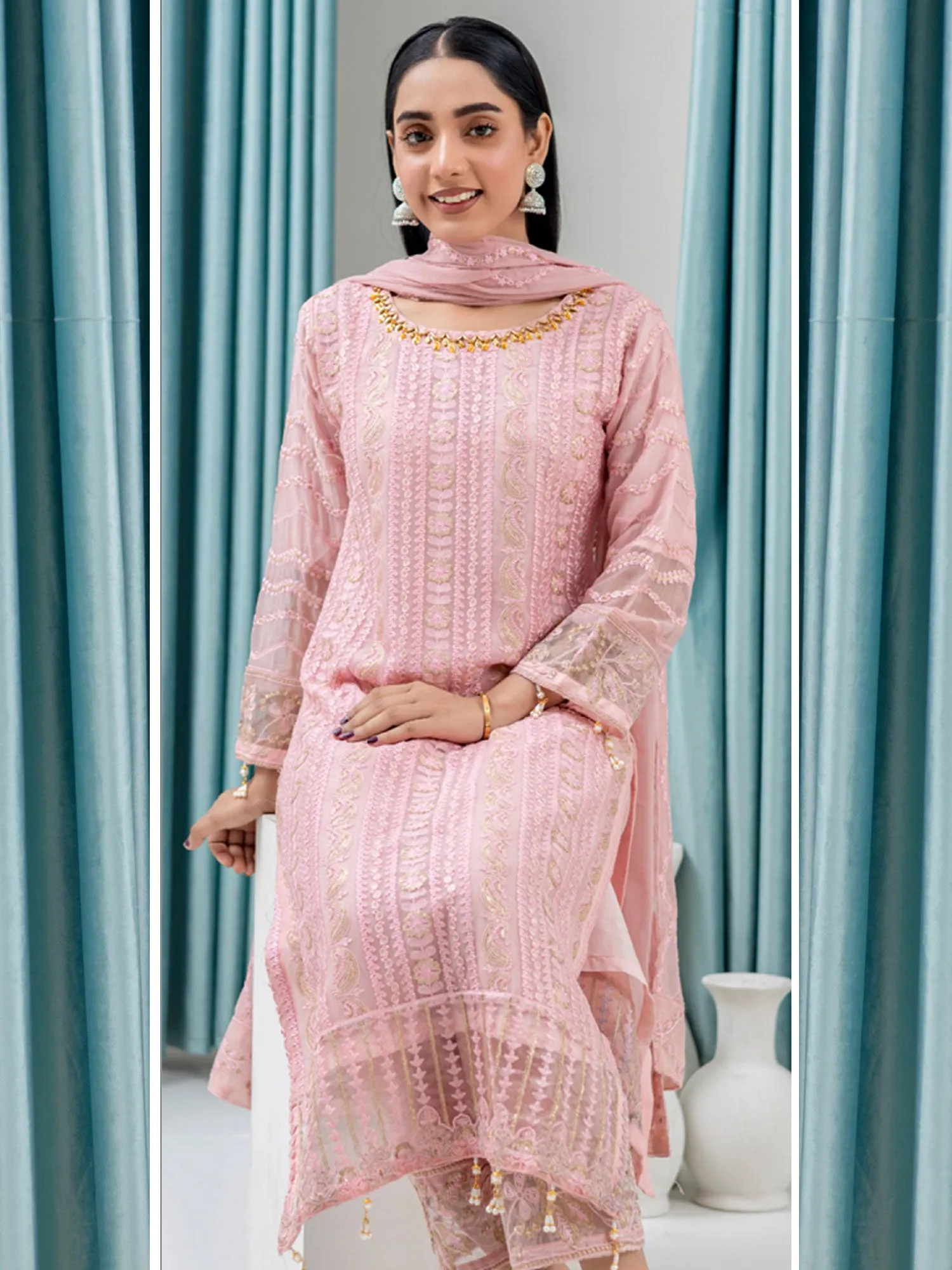 Rangz Luxury Embroidered Chiffon Suit - Pink