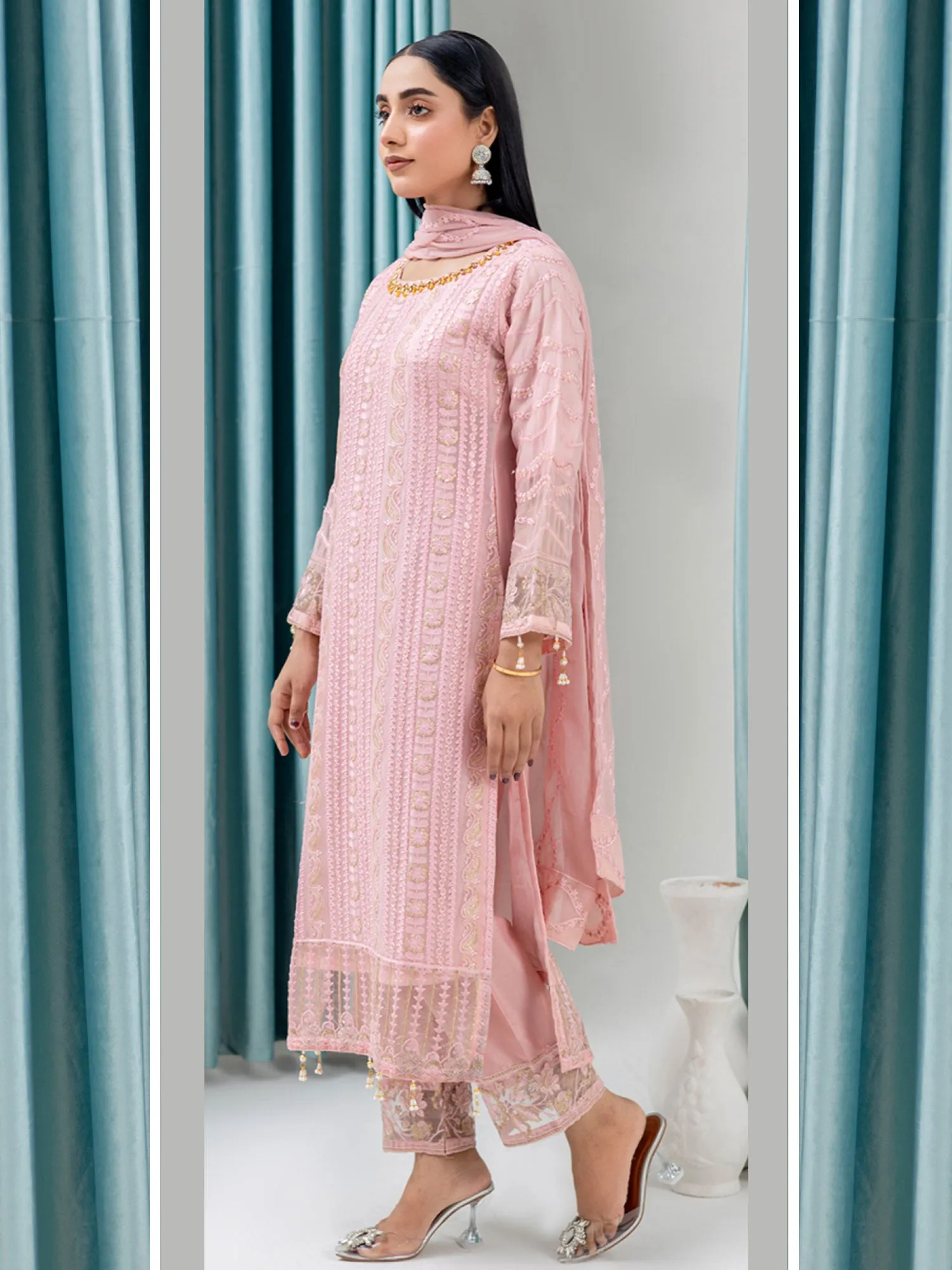 Rangz Luxury Embroidered Chiffon Suit - Pink