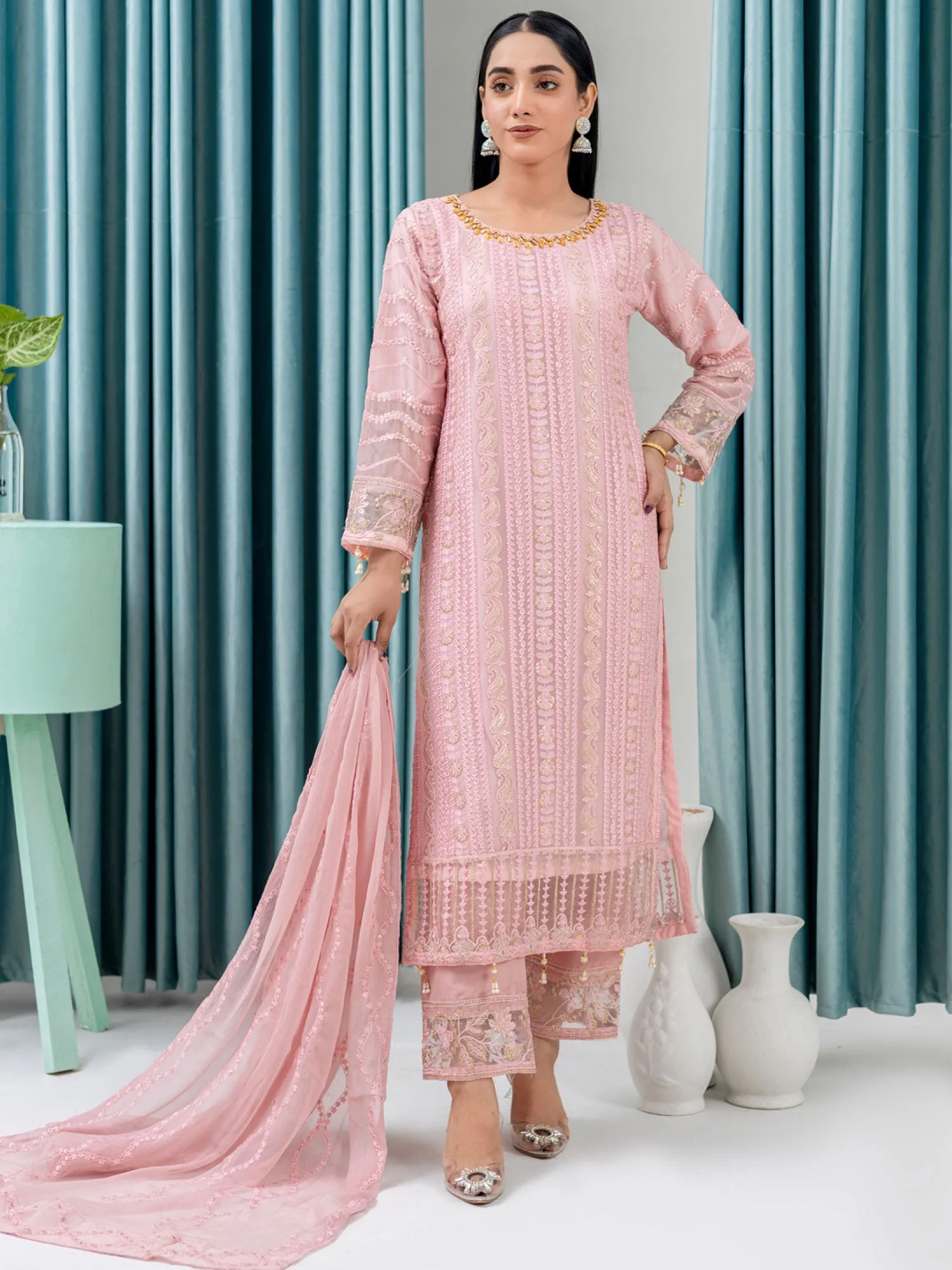 Rangz Luxury Embroidered Chiffon Suit - Pink