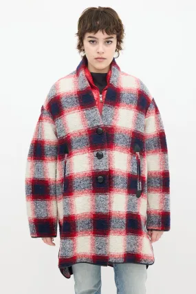 Red & Multi Wool Plaid Mid Length Coat