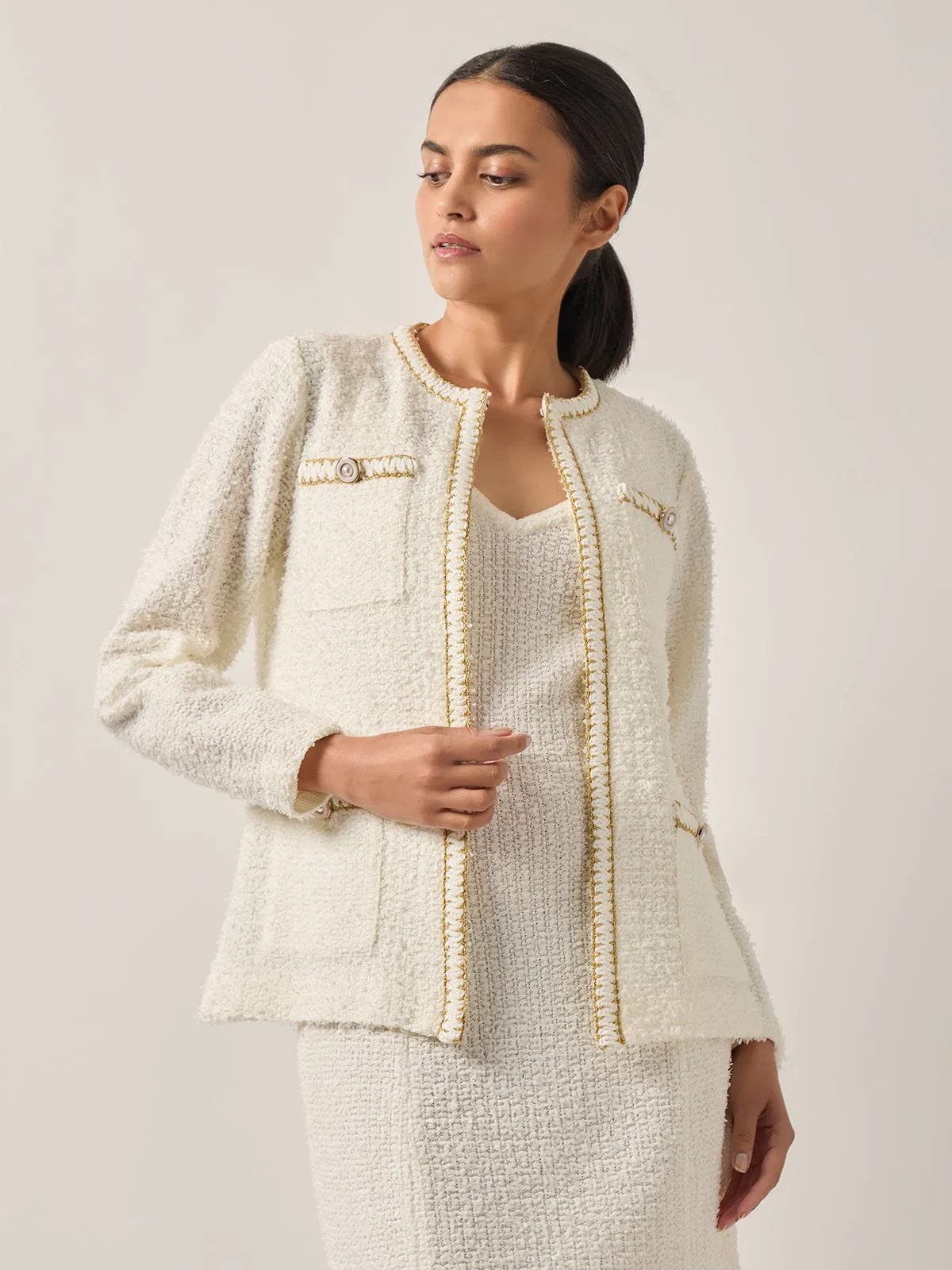 Relaxed Fit Boucle Lurex Crochet Trim Knit Jacket